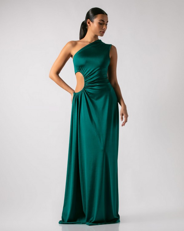 Φόρεμα με έναν ώμο, άνοιγμα στην μέση και σούρα Πράσινο σκούρο 