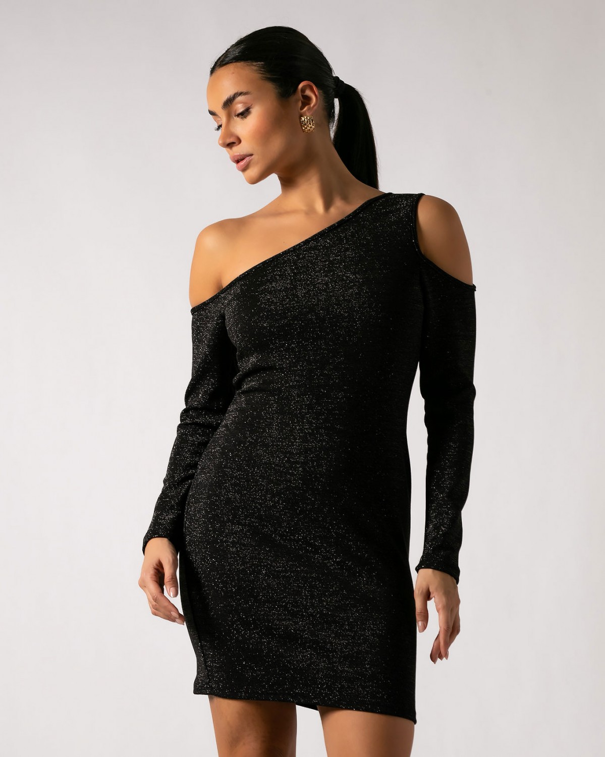 Φόρεμα Mini με λούρεξ και άνοιγμα στους ώμους Μαύρο 