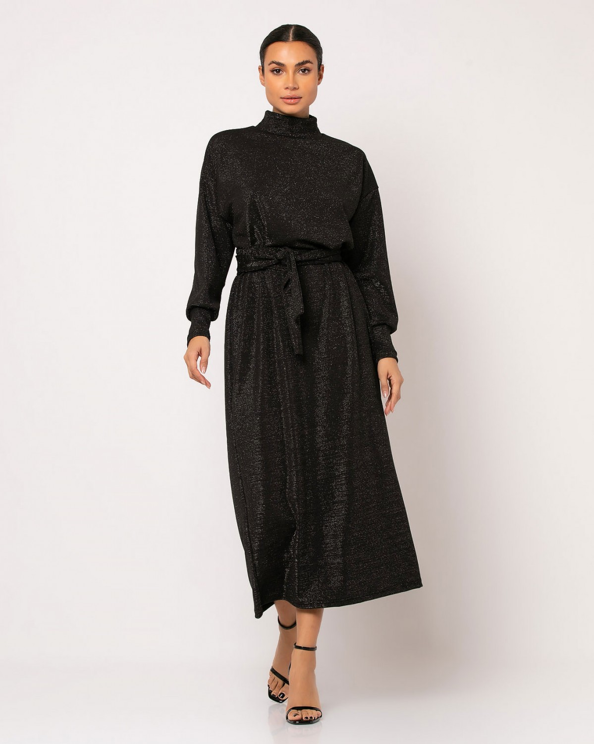 Φόρεμα maxi μακρυμάνικο με κλειστό λαιμό λούρεξ Μαύρο 