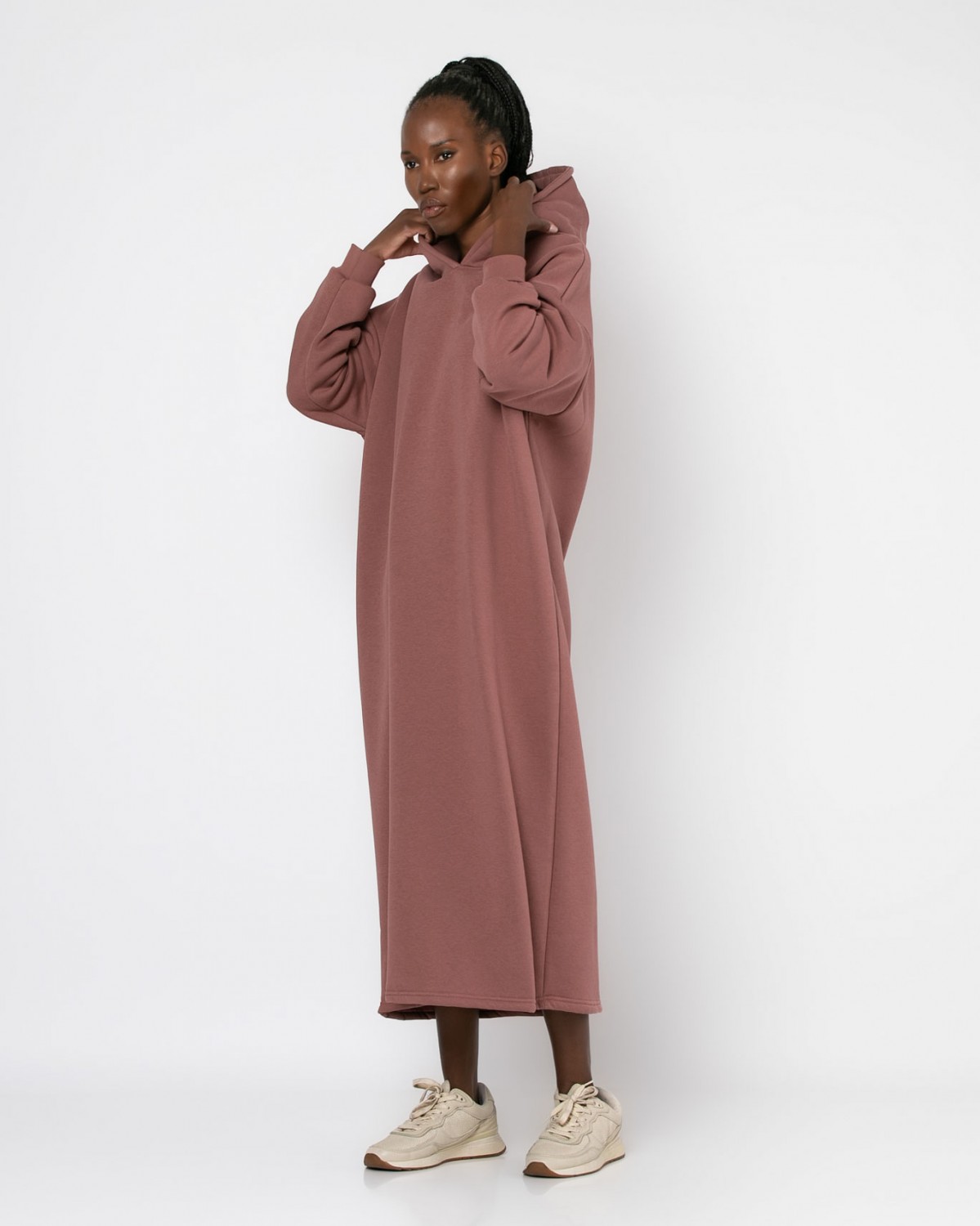 Φόρεμα φούτερ χνούδι maxi μακρυμάνικο με κουκούλα Σάπιο μήλο