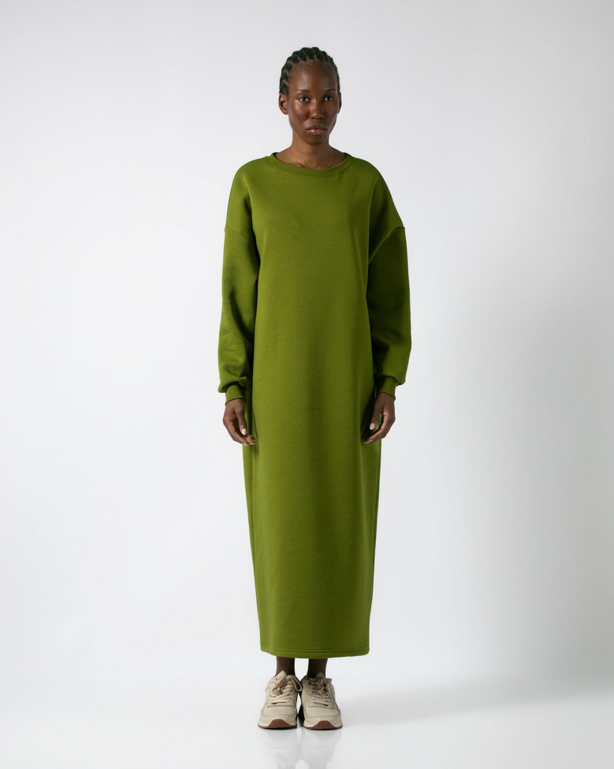 Φόρεμα φούτερ χνούδι maxi  μακρυμάνικο Olive 