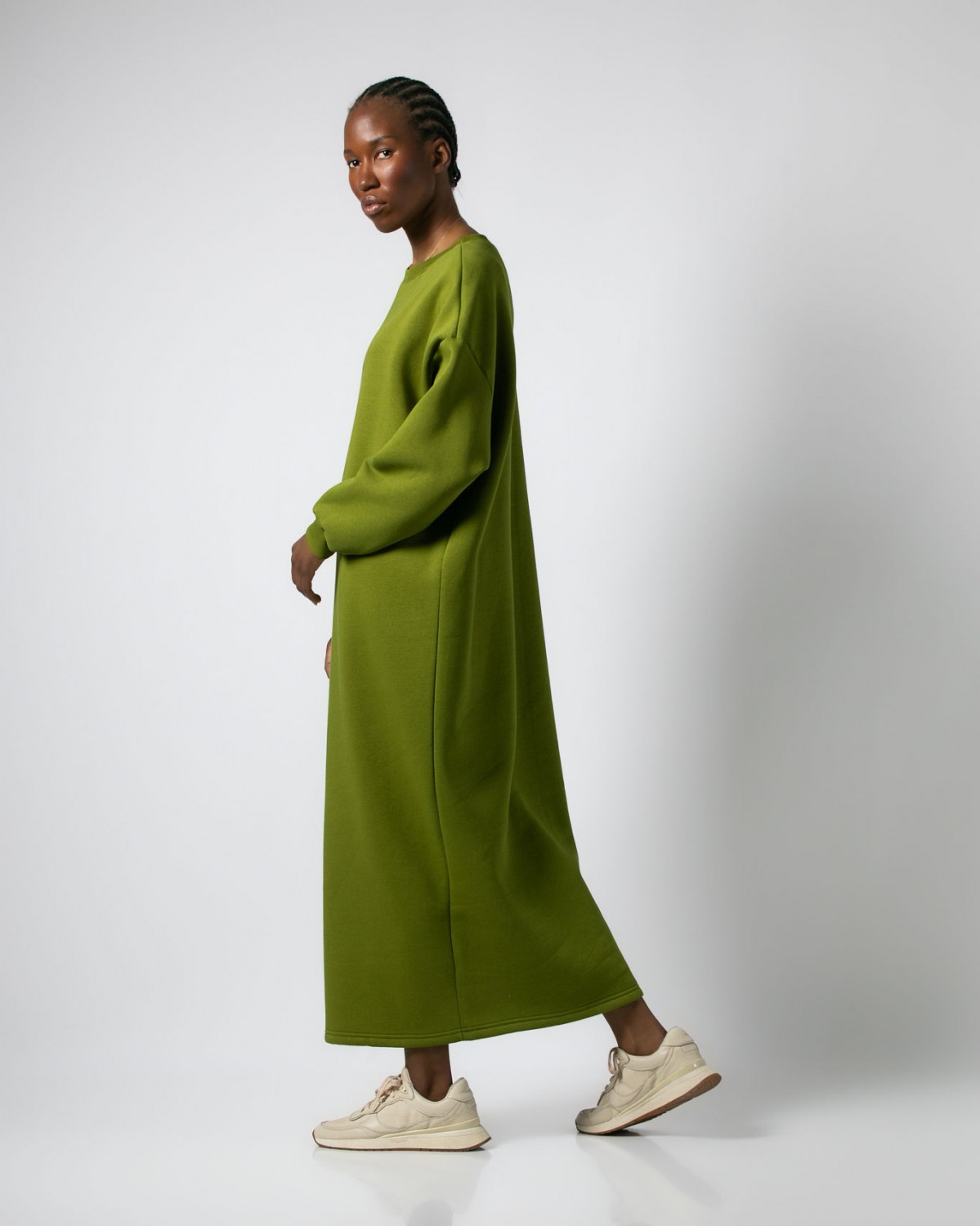 Φόρεμα φούτερ χνούδι maxi  μακρυμάνικο Olive 