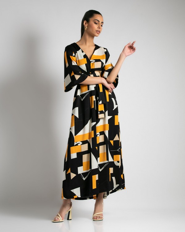 Φόρεμα maxi εμπριμέ με "V" και τρουακάρ μανίκι Μαύρο - Πορτοκαλί 
