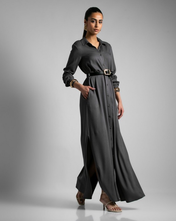 Φόρεμα maxi σεμιζιέ με τσέπες και άνοιγμα στο πλάι Ανθρακί 