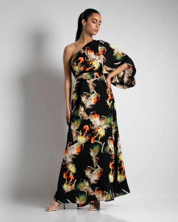 Φόρεμα maxi εμπριμέ με ένα μανίκι και άνοιγμα στο πλάι Μαύρο φτερά 