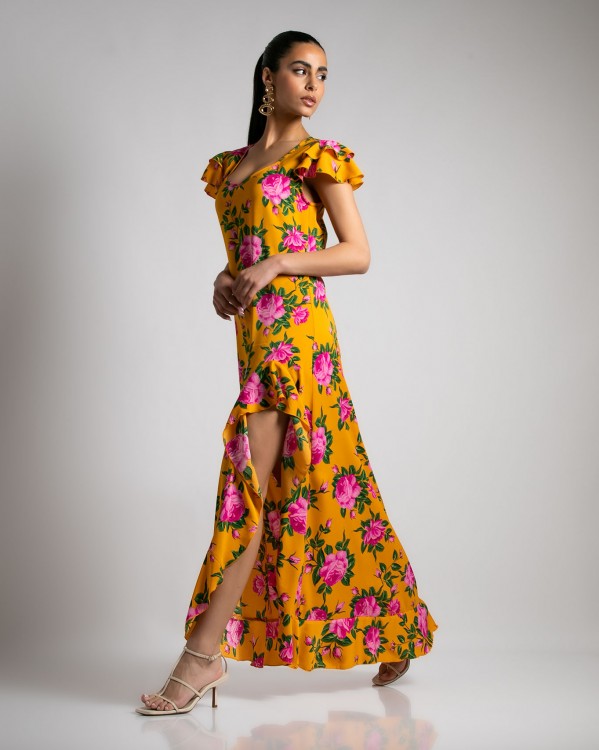 Φόρεμα maxi εμπριμέ κοντομάνικο με βολάν και άνοιγμα στο πλάι Μουσταρδί - Ροζ τριαντάφυλλα  
