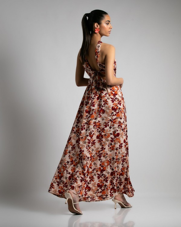 Φόρεμα maxi αμάνικο εμπριμέ με ανοιχτή πλάτη Σομόν - Μπορντώ φύλλα 