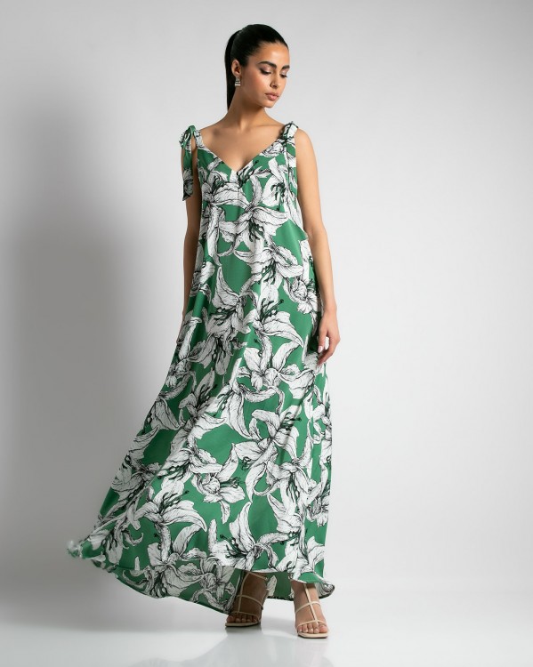 Φόρεμα maxi εμπριμέ με "V" και δετή τιράντα Πράσινο φλοράλ 