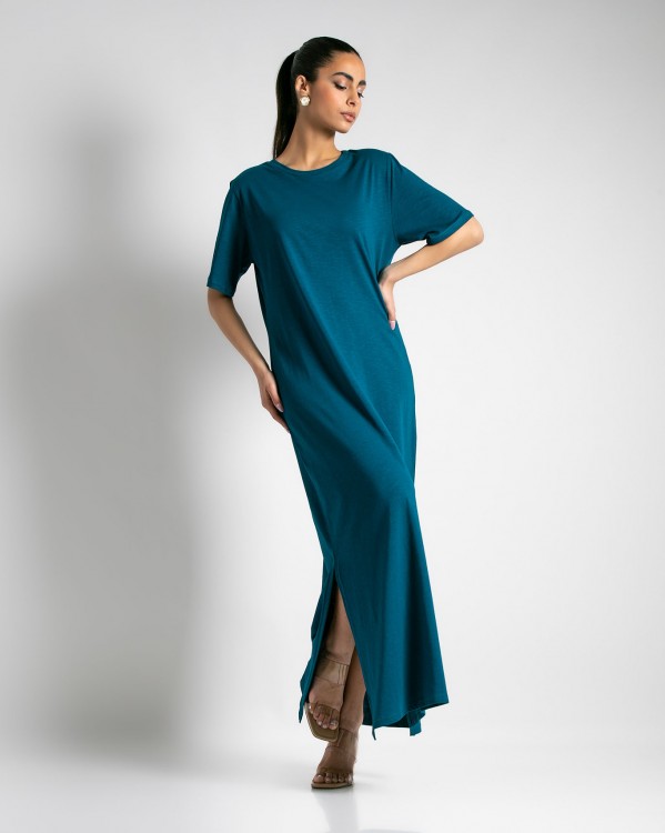 Φόρεμα maxi Κοντομάνικο βαμβακερό με άνοιγμα στο πλάι Πετρόλ 