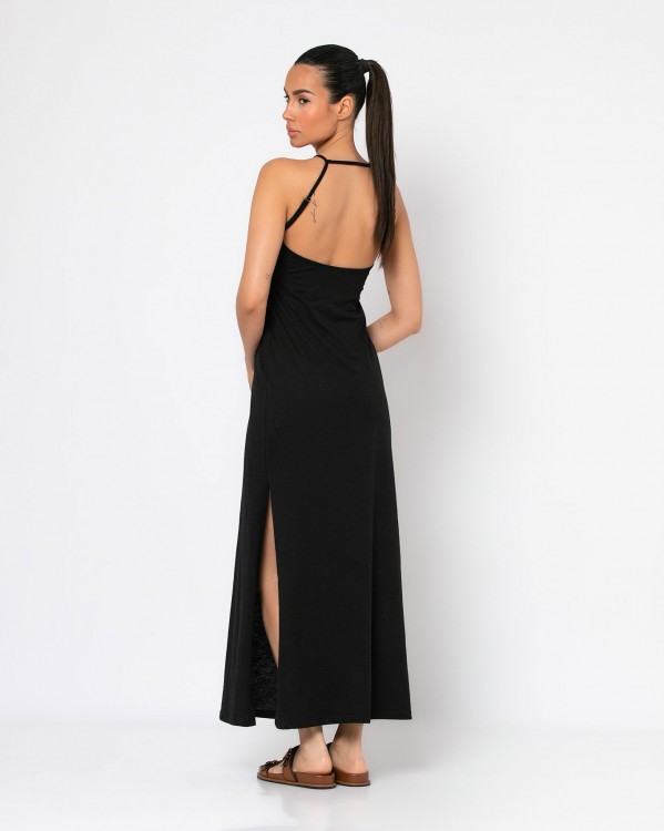 Φόρεμα maxi με άνοιγμα στο πλάι και λεπτή τιράντα Μαύρο 