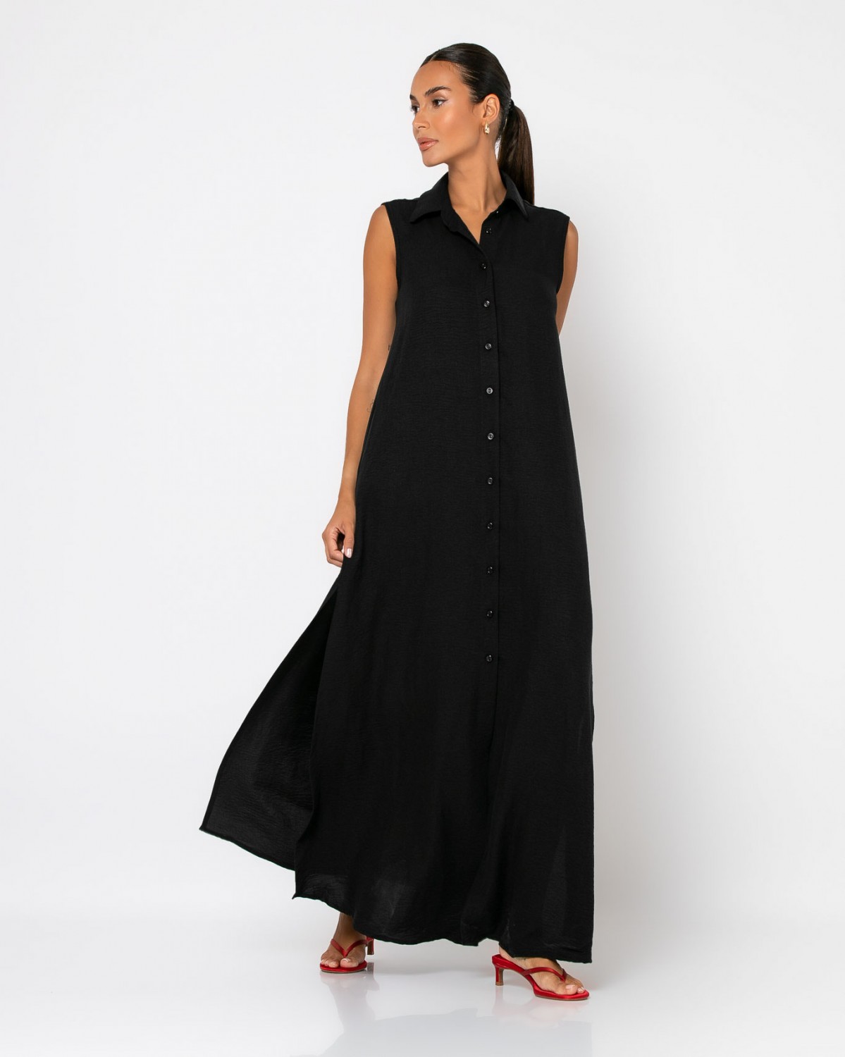 Φόρεμα maxi σεμιζιέ αμάνικο με ζώνη Μαύρο 