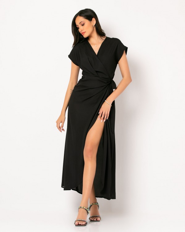 Φόρεμα κοντομάνικο κρουαζέ με δέσιμο Μαύρο