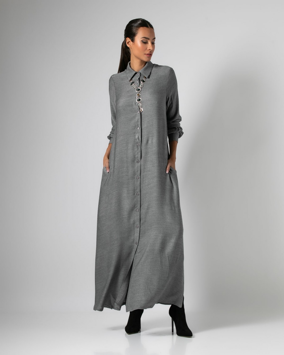 Φόρεμα maxi μακρυμάνικο σεμιζιέ με άνοιγμα στο πλάι Γκρι μελανζέ  