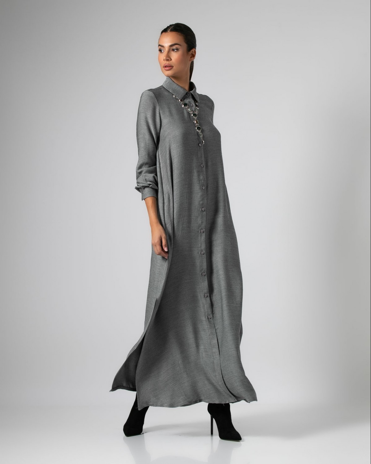 Φόρεμα maxi μακρυμάνικο σεμιζιέ με άνοιγμα στο πλάι Γκρι μελανζέ  