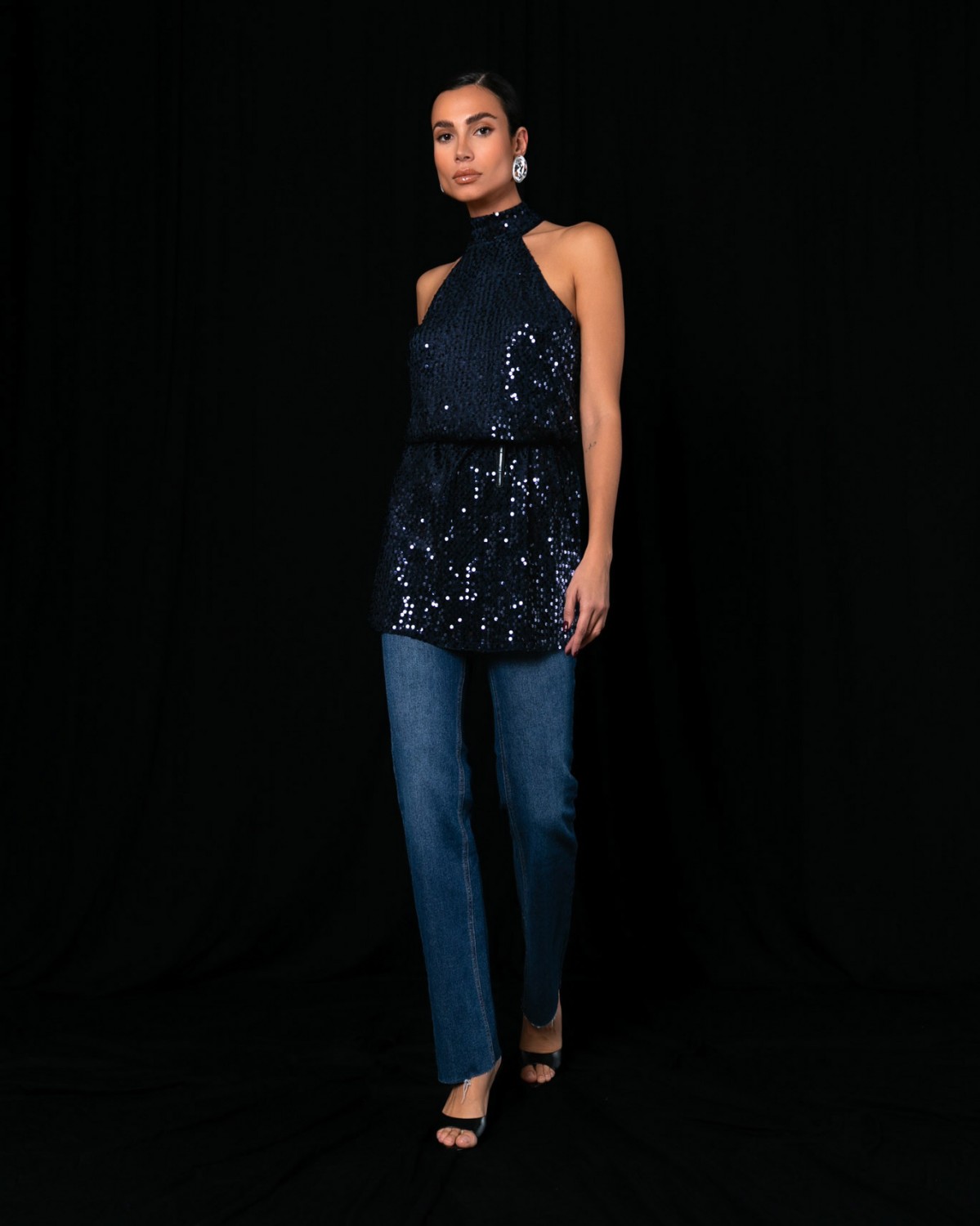 Φόρεμα mini αμάνικο με παγιέτες Navy