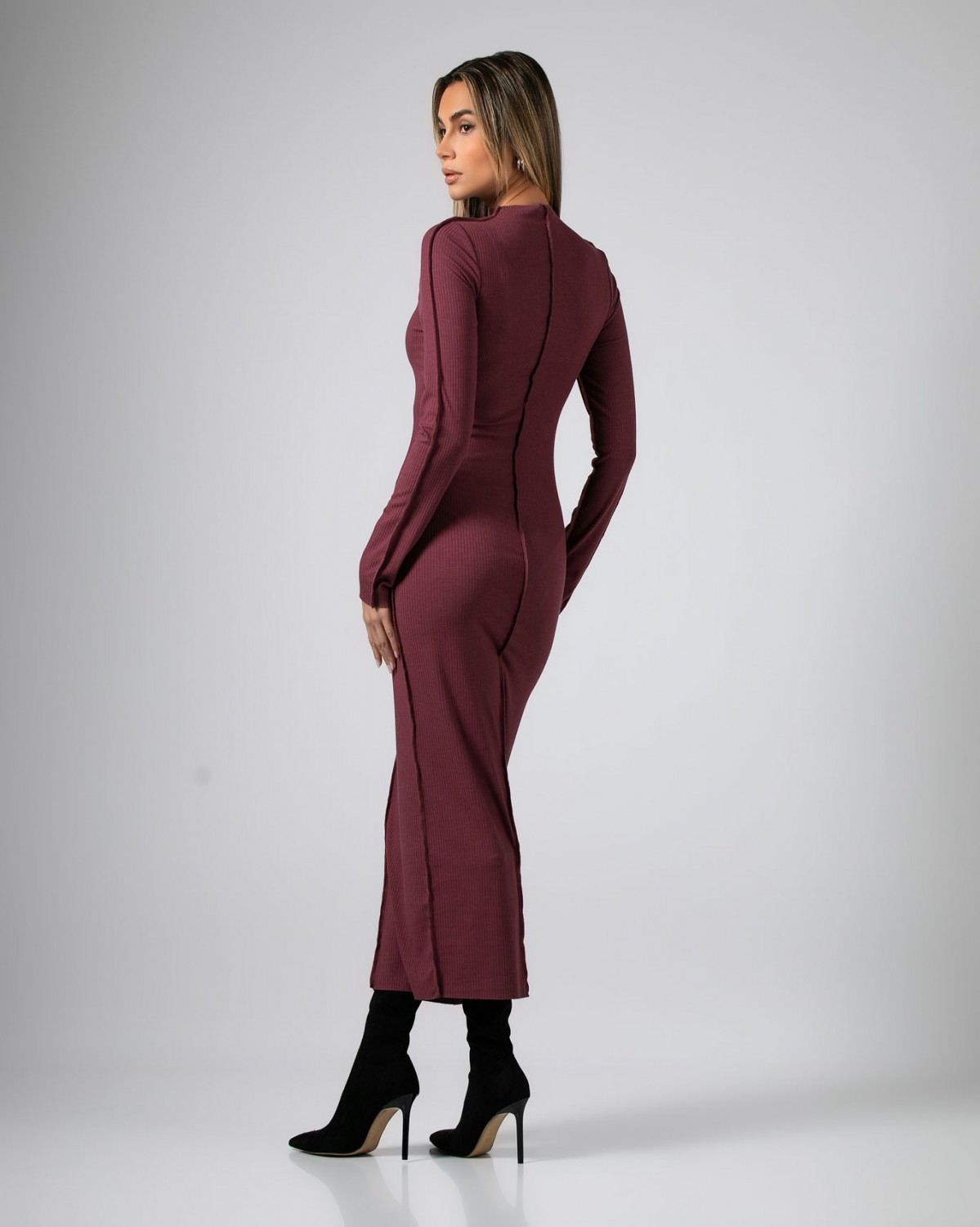 Φόρεμα maxi μακρυμάνικο ριπ με εξωτερικές ραφές Wine ginger