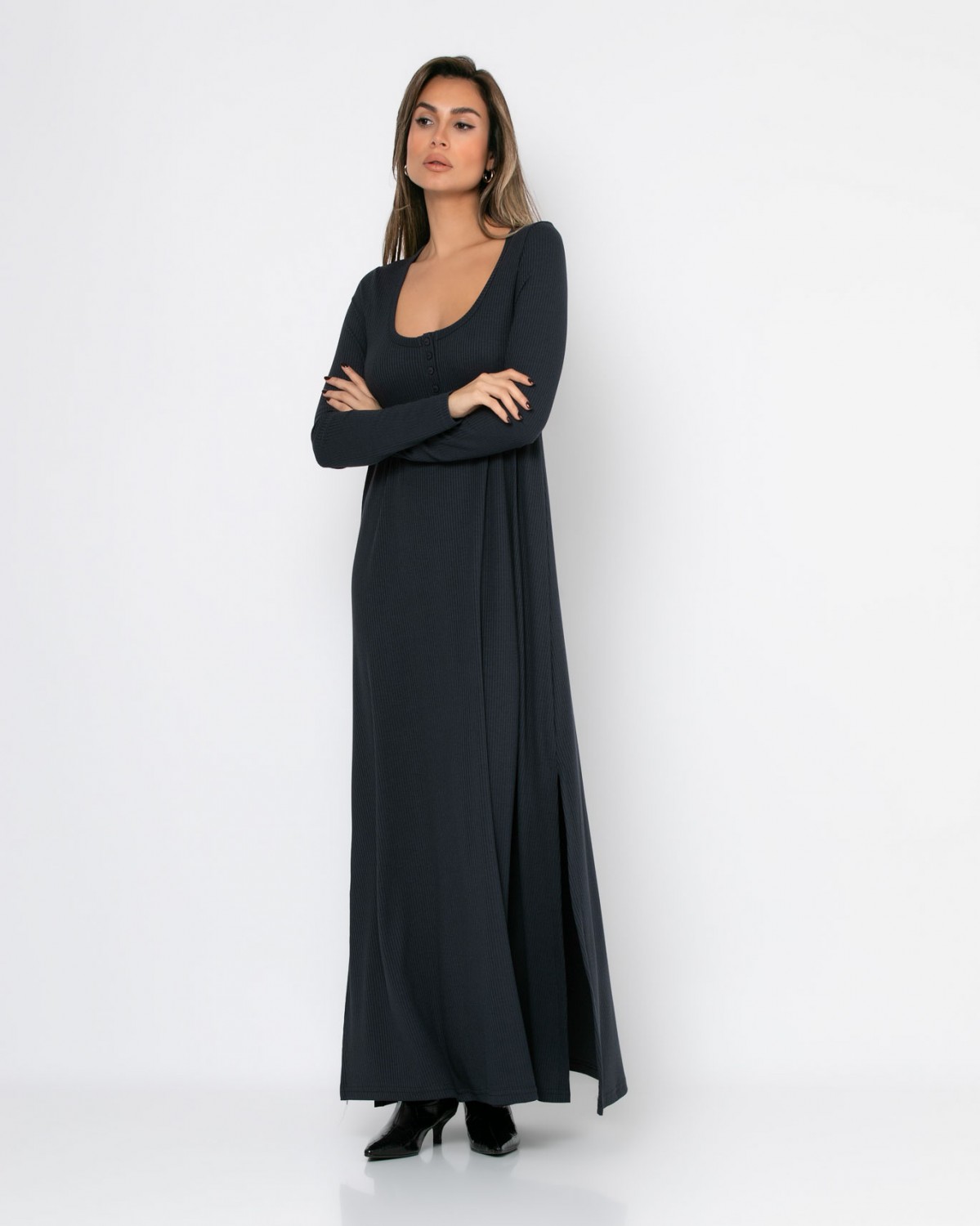 Φόρεμα maxi μακρυμάνικο ριπ με ανοιχτή λαιμόκοψη Ανθρακί 