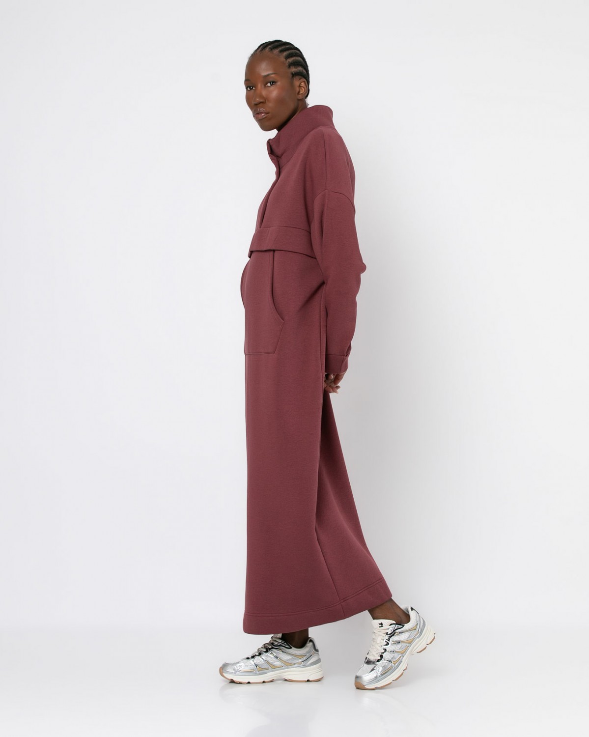 Φόρεμα φούτερ χνούδι maxi μακρυμάνικο με τσέπη καγκουρό Wine ginger