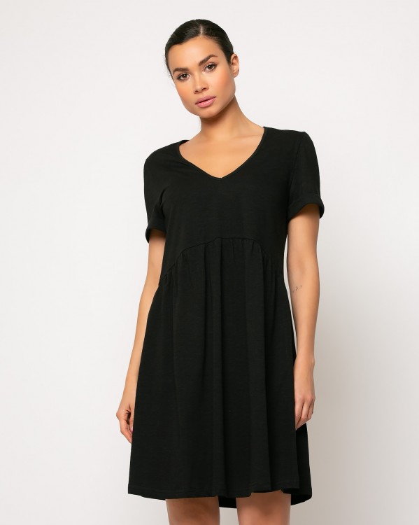 Φόρεμα κοντομάνικο "V" με σούρα στη μέση Μαύρο
