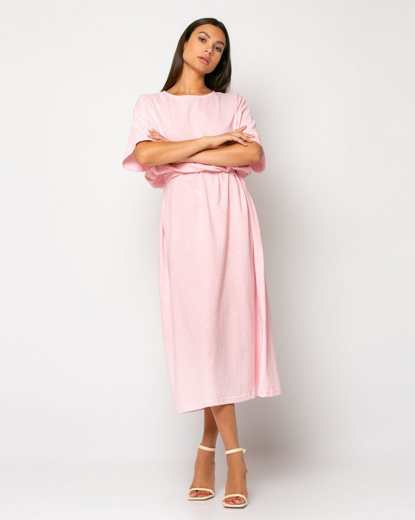Φόρεμα κοντομάνικο με ζώνη Ροζ Απαλό