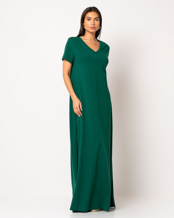 Φόρεμα maxi V με άνοιγμα στο πλάι Πράσινο σκούρο 