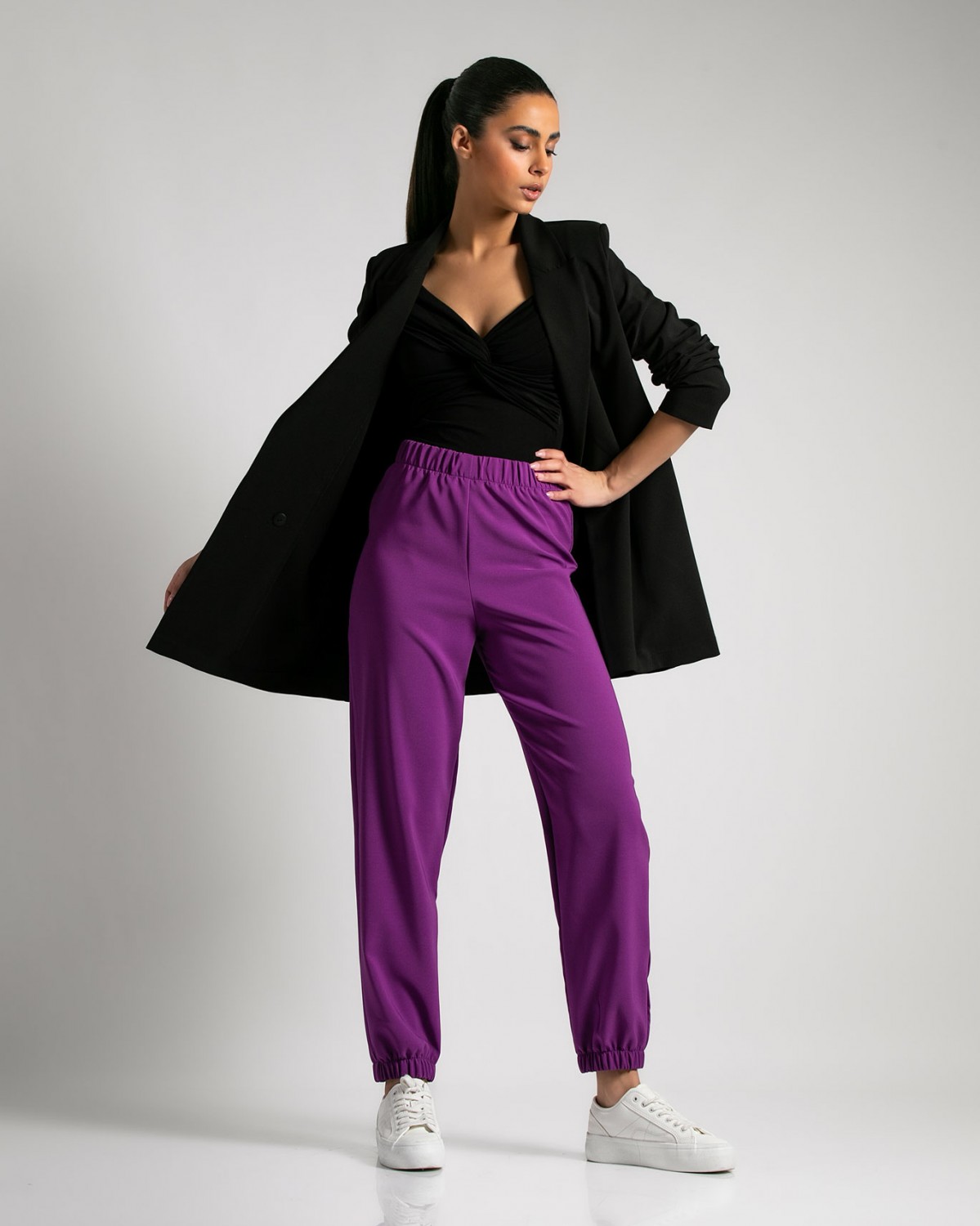 Παντελόνι ψηλόμεσο με λάστιχο στην μέση και στο τελείωμα Μωβ