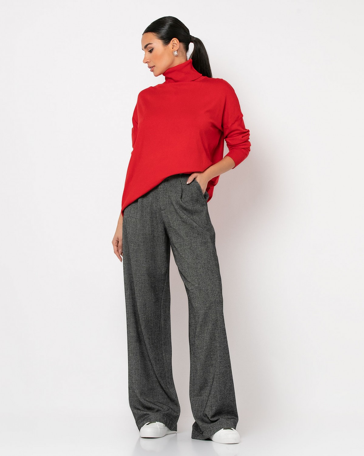 Παντελόνι ψηλόμεσο με πιέτες ψαροκόκαλο Μαύρο - Εκρού 