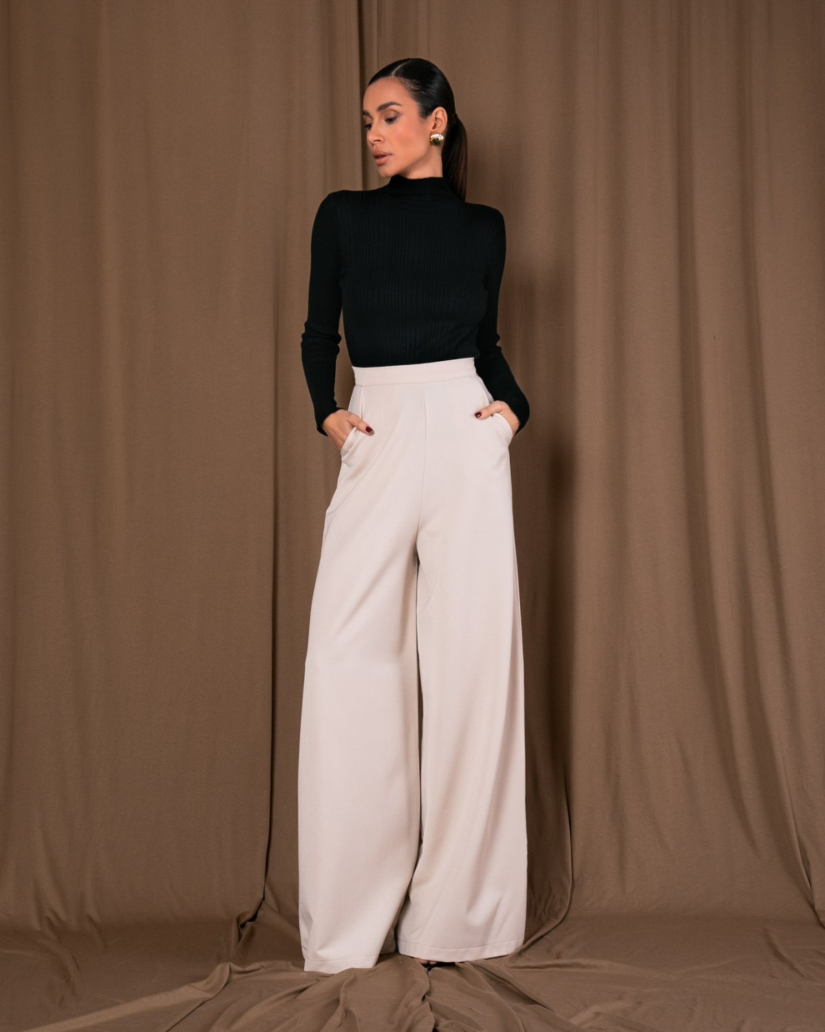 Παντελόνι ψηλόμεσο σε φαρδιά γραμμή Cream