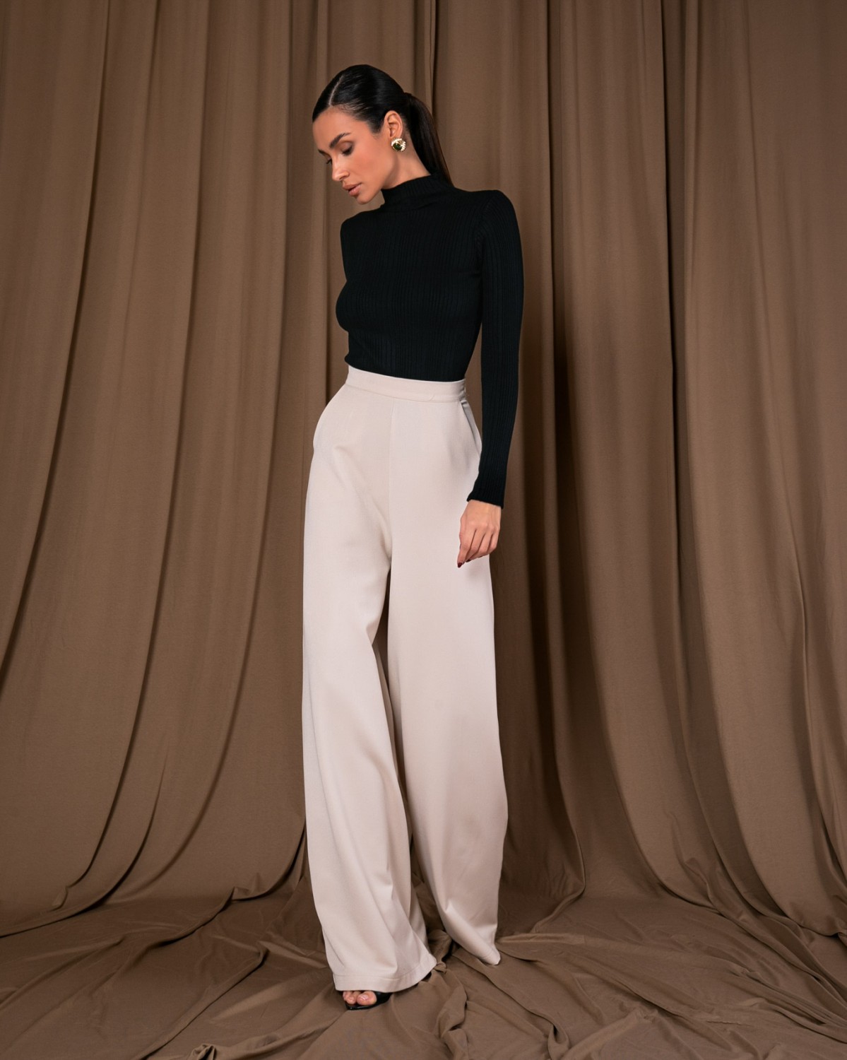 Παντελόνι ψηλόμεσο σε φαρδιά γραμμή Cream