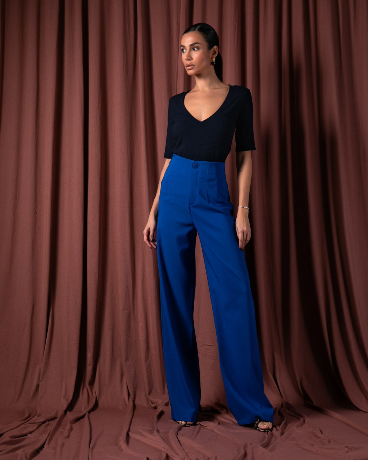 Παντελόνι ψηλόμεσο σε ίσια γραμμή με πιέτες Blue royal