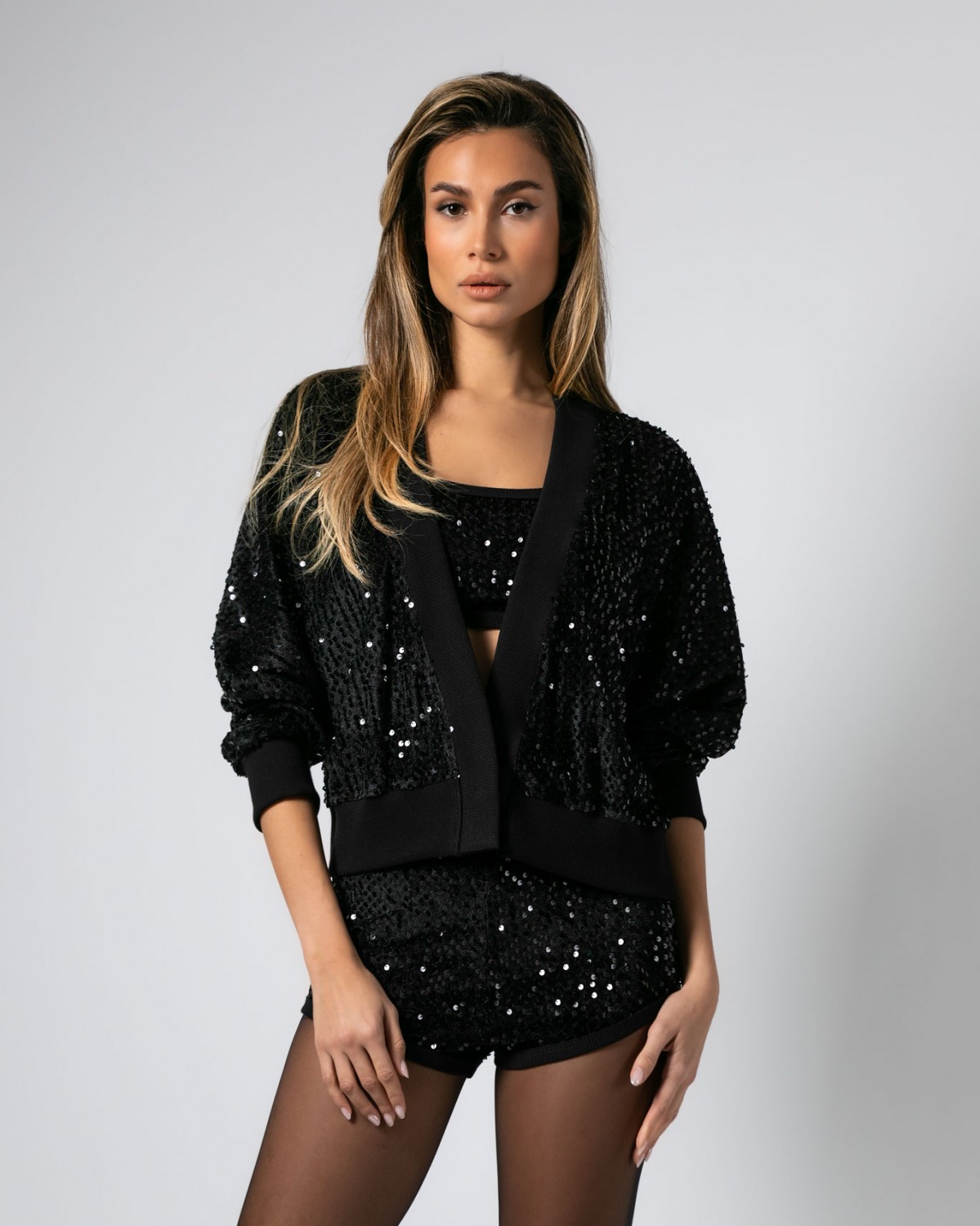 Ζακέτα μακρυμάνικη παγιέτα με βαθύ "V" Μαύρο