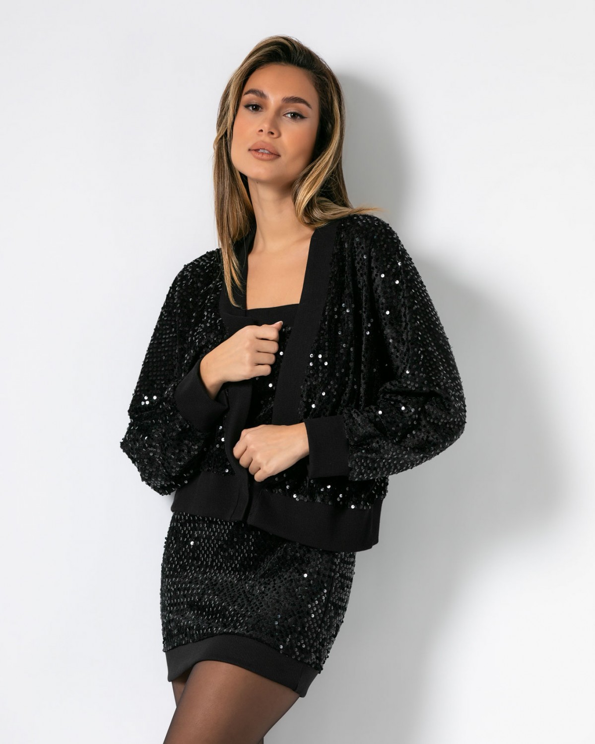 Ζακέτα μακρυμάνικη παγιέτα με βαθύ "V" Μαύρο