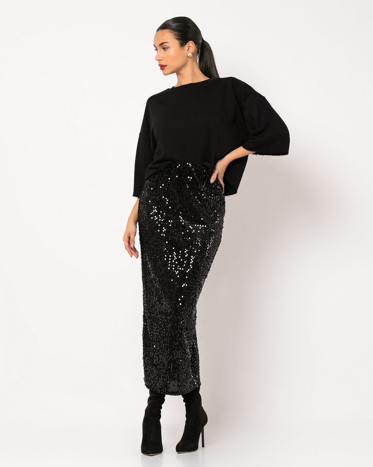 Φούστα midi με παγιέτες και άνοιγμα πίσω Μαύρο 