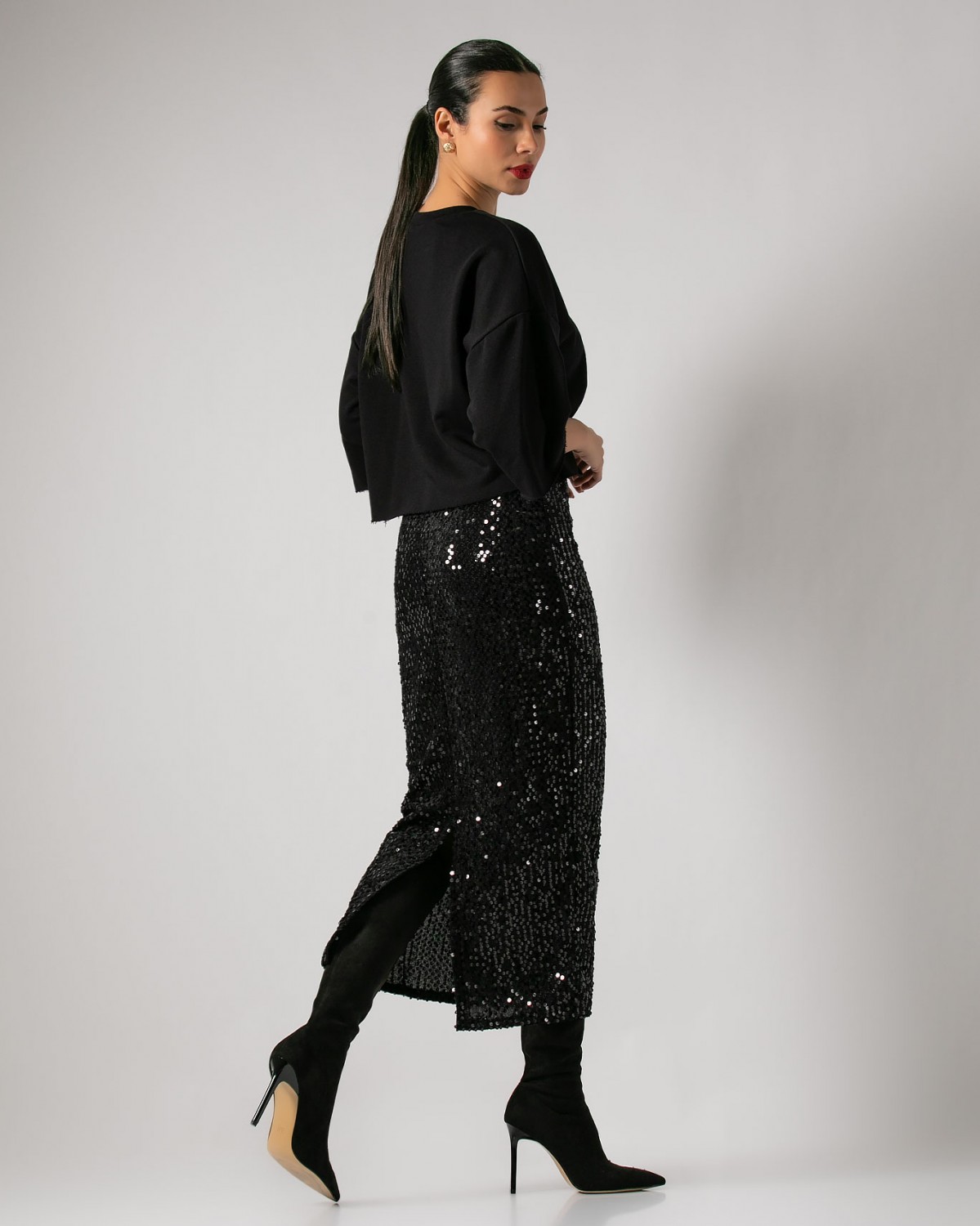 Φούστα midi με παγιέτες και άνοιγμα πίσω Μαύρο 