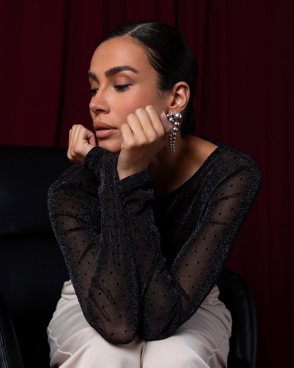 Κορμάκι μακρυμάνικο πουά με λούρεξ σε ελαστικό τούλι Black 