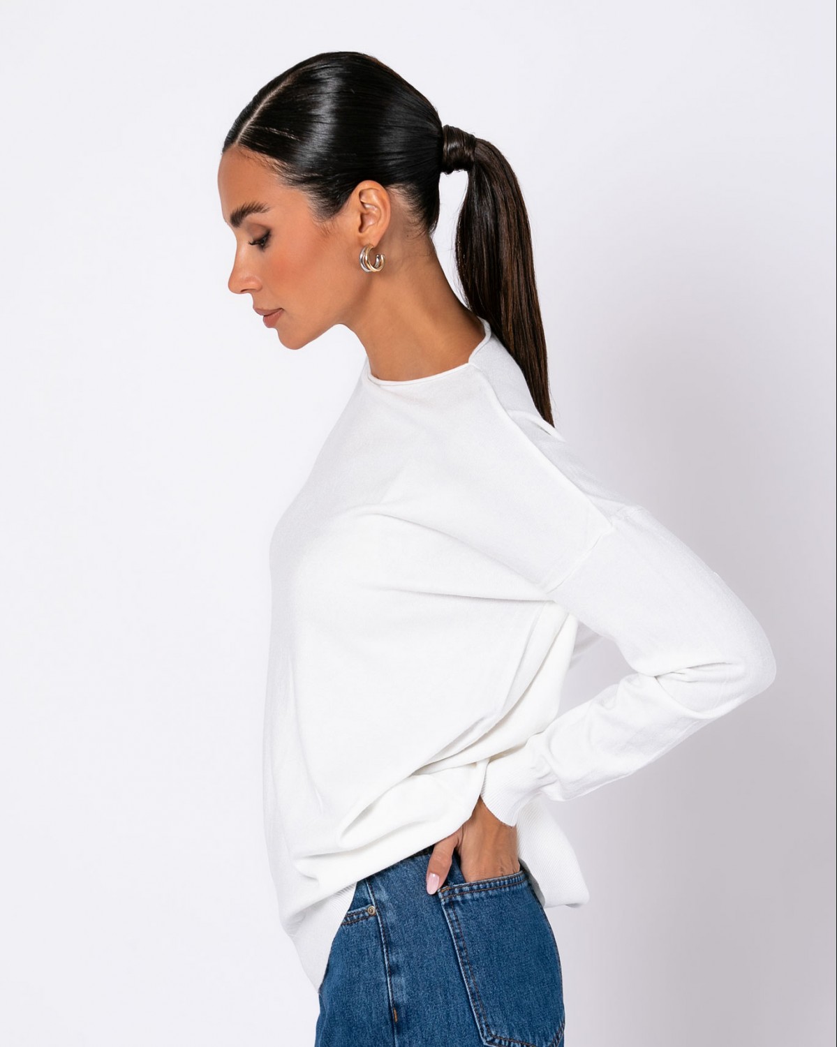Μπλούζα μακρυμάνικη ψιλό πλεκτό απαλή υφή με γυριστή λαιμόκοψη Εκρού 