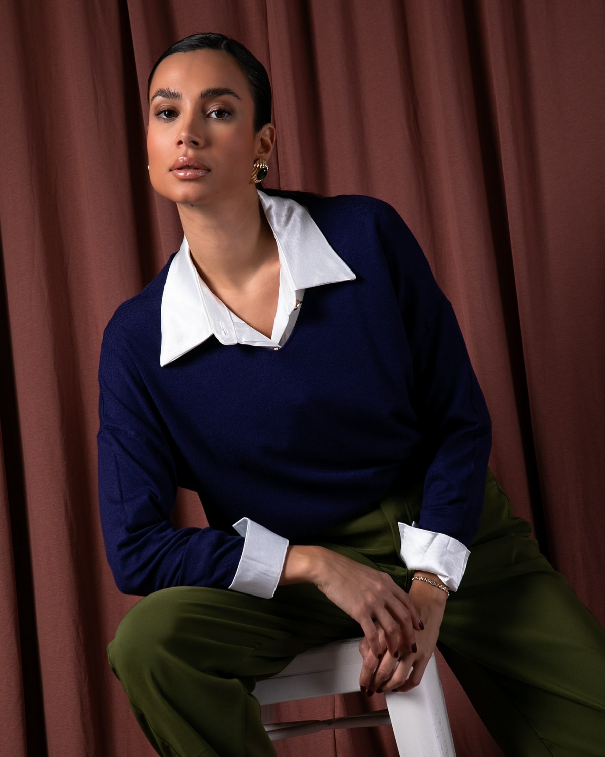 Μπλούζα μακρυμάνικη ψιλό πλεκτό απαλή υφή με "V" Navy