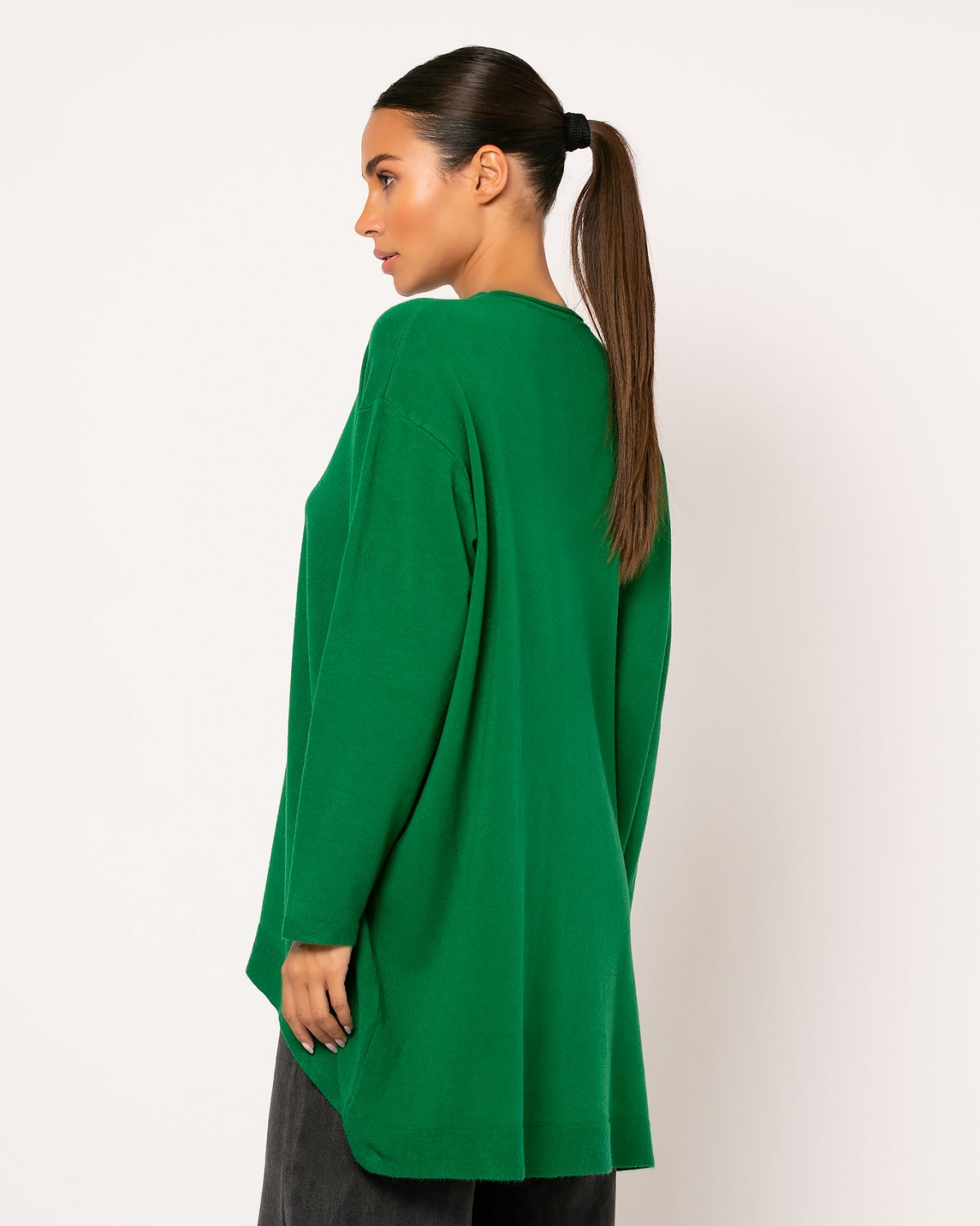 Μπλούζα μακρυμάνικη ψιλό πλεκτό απαλή υφή oversized πιο κοντό μπροστά Πράσινο 