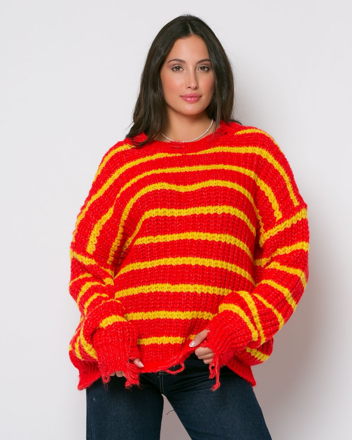Μπλούζα πλεκτή ριγέ με σκισίματα Κόκκινο - Κίτρινο 
