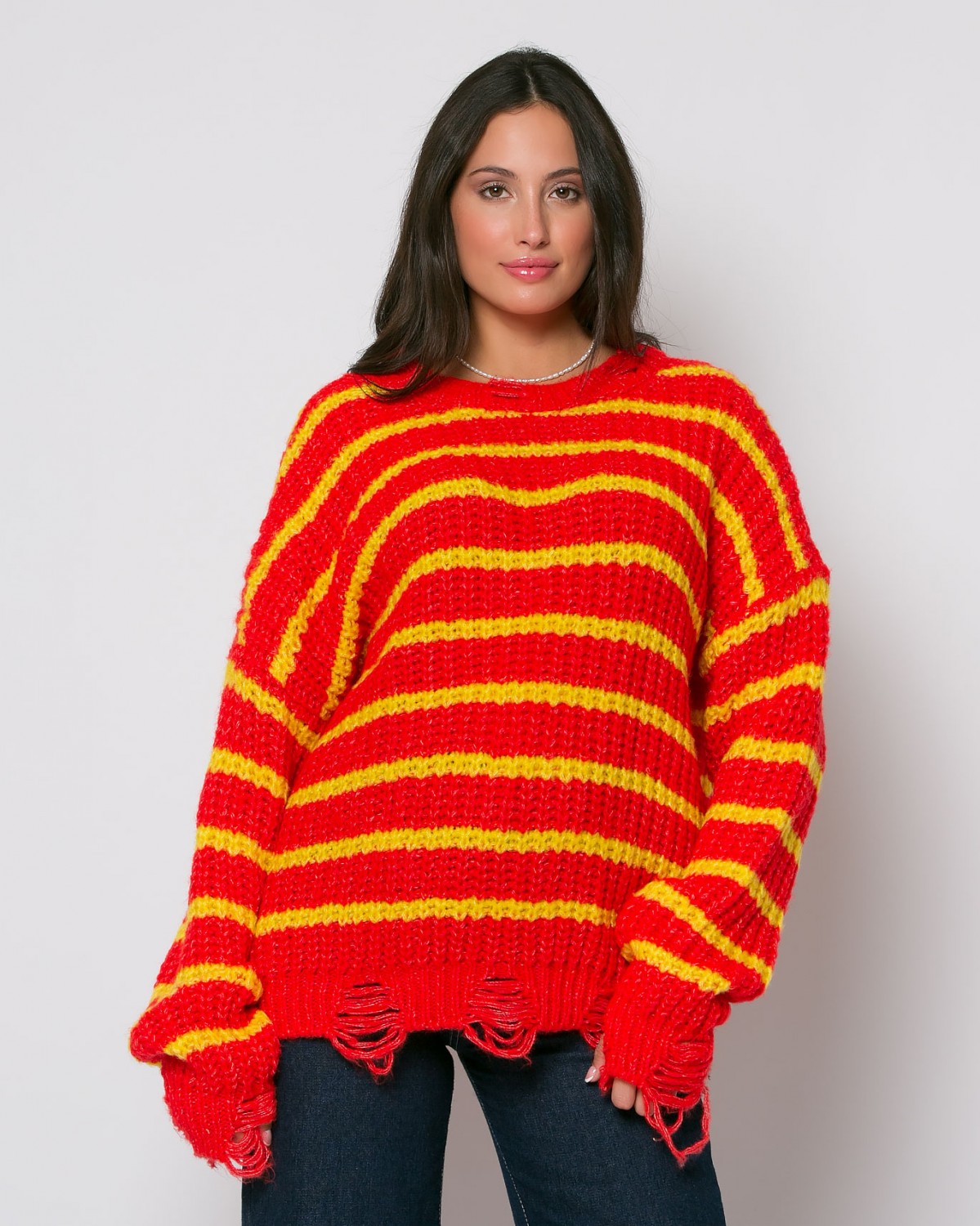 Μπλούζα πλεκτή ριγέ με σκισίματα Κόκκινο - Κίτρινο 