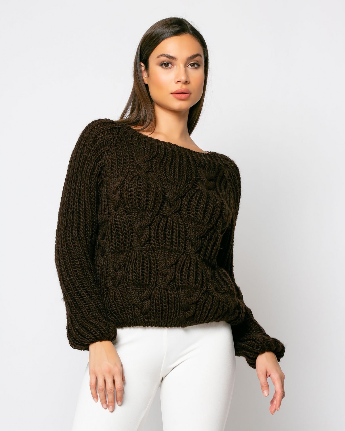 Πλεκτή μπλούζα κοντόφαρδη με κοτσίδες Καφέ 