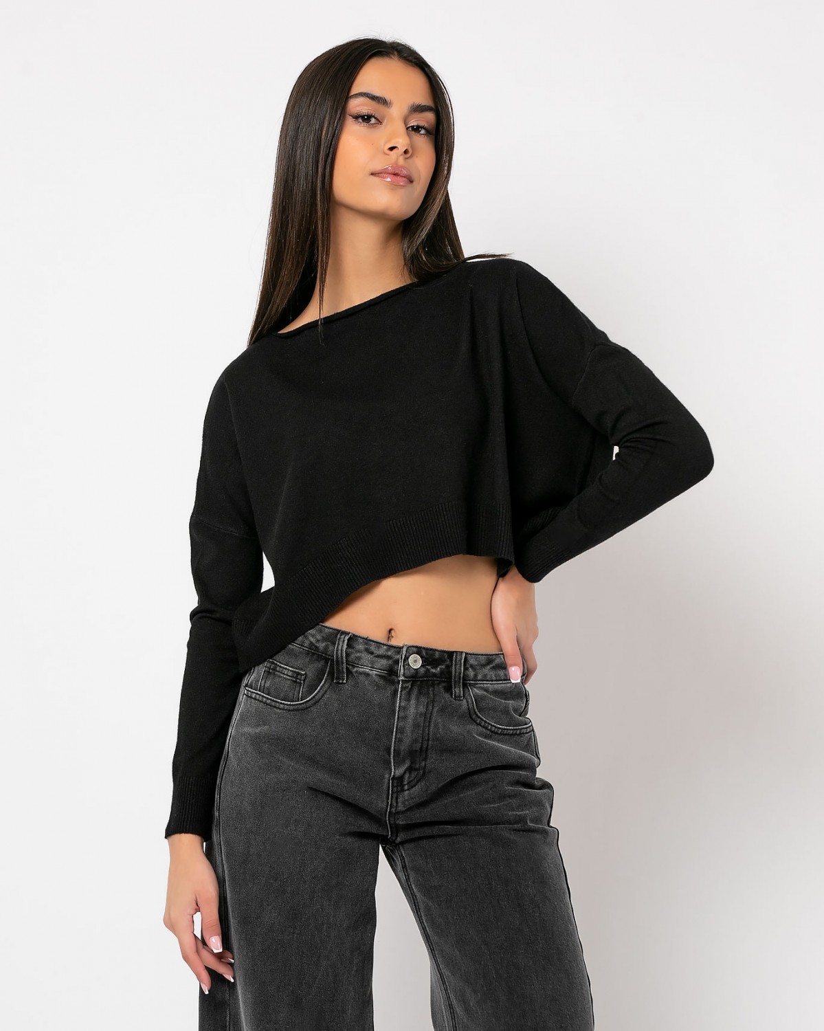 Μπλούζα ψιλό πλεκτό απαλή υφή κοντό με χαμόγελο Μαύρο 