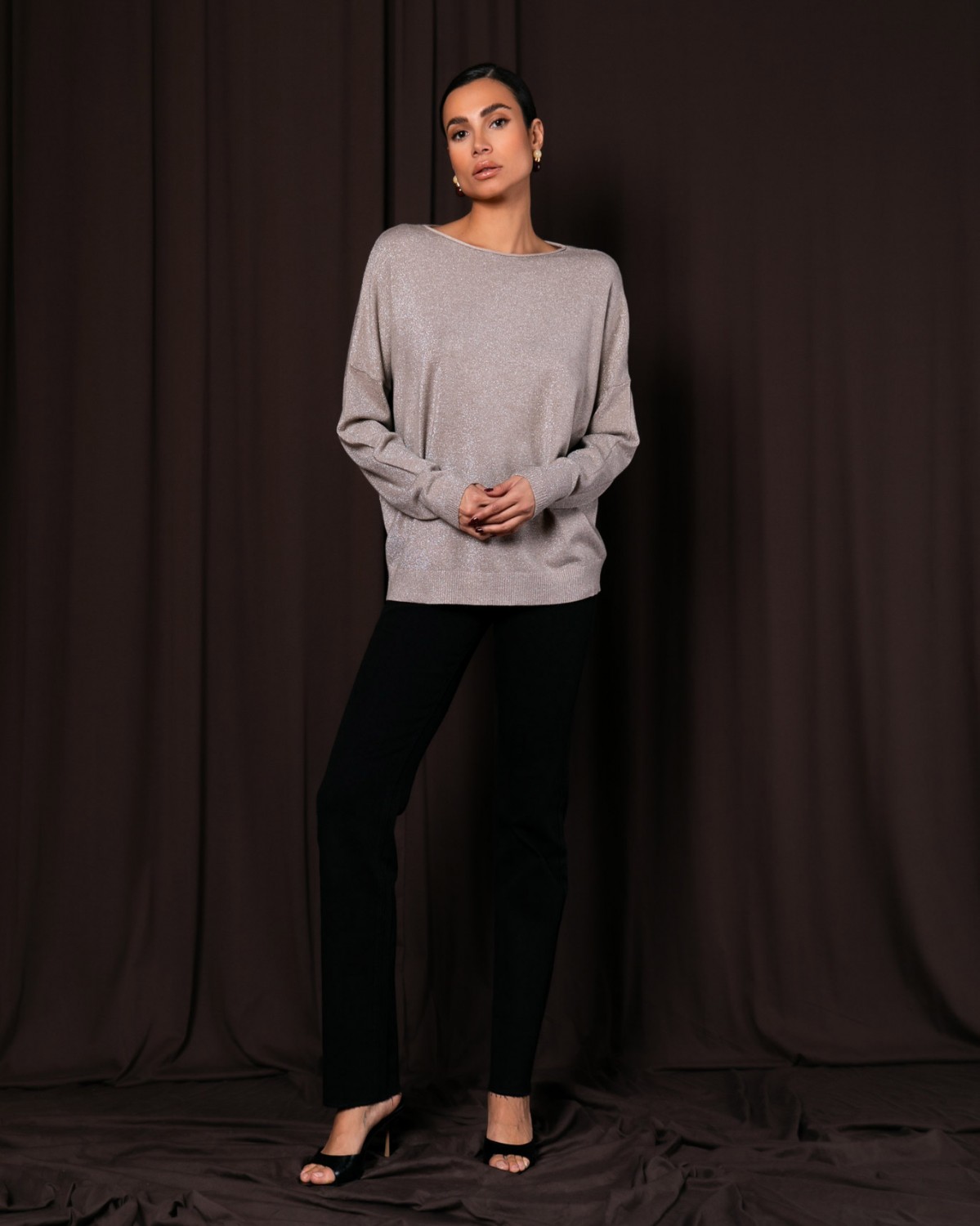 Μπλούζα πλεκτή μακρυμάνικη με λούρεξ Beige