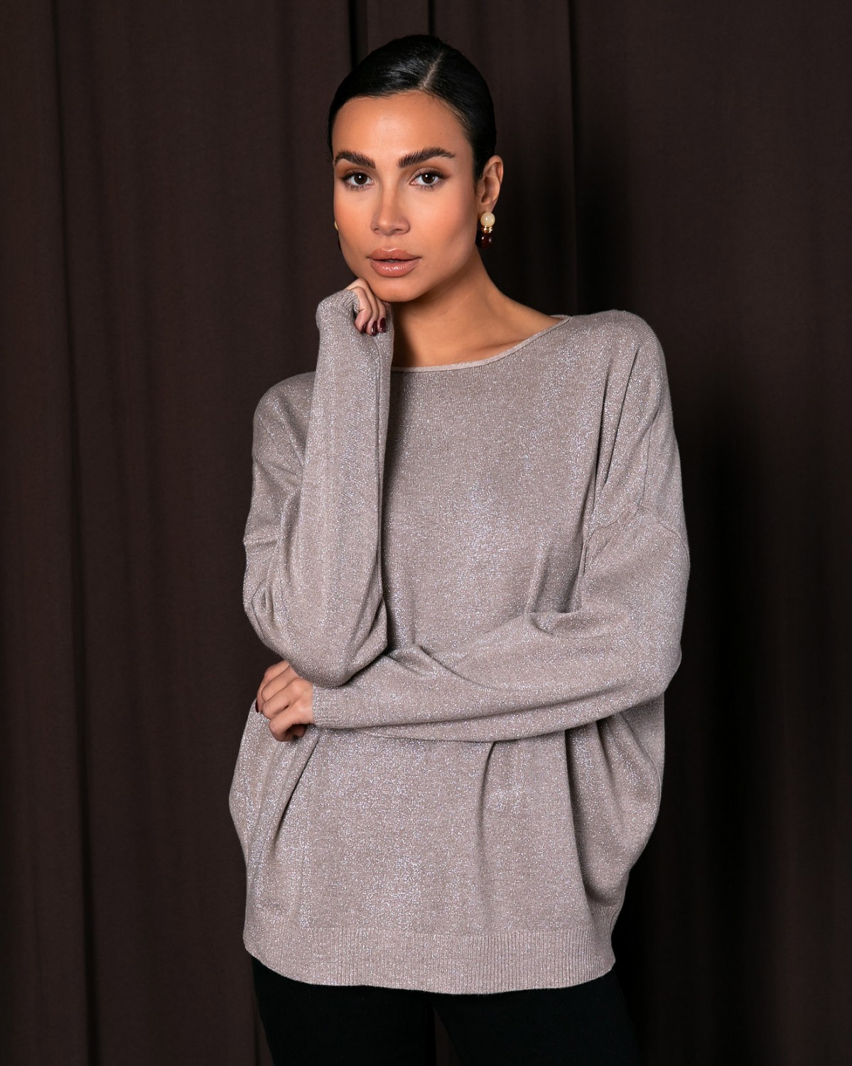 Μπλούζα πλεκτή μακρυμάνικη με λούρεξ Beige