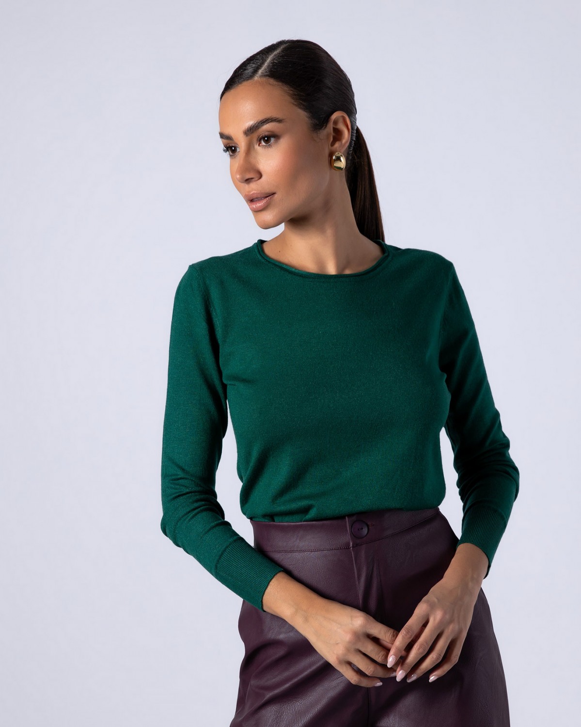 Μπλούζα ψιλό πλεκτό απαλή υφή με στρογγυλό λαιμό Πράσινο σκούρο 