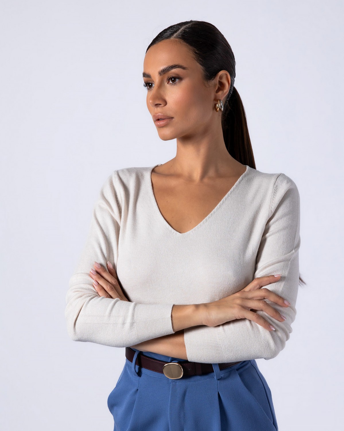 Μπλούζα ψιλό πλεκτό απαλή υφή με "V" Cream