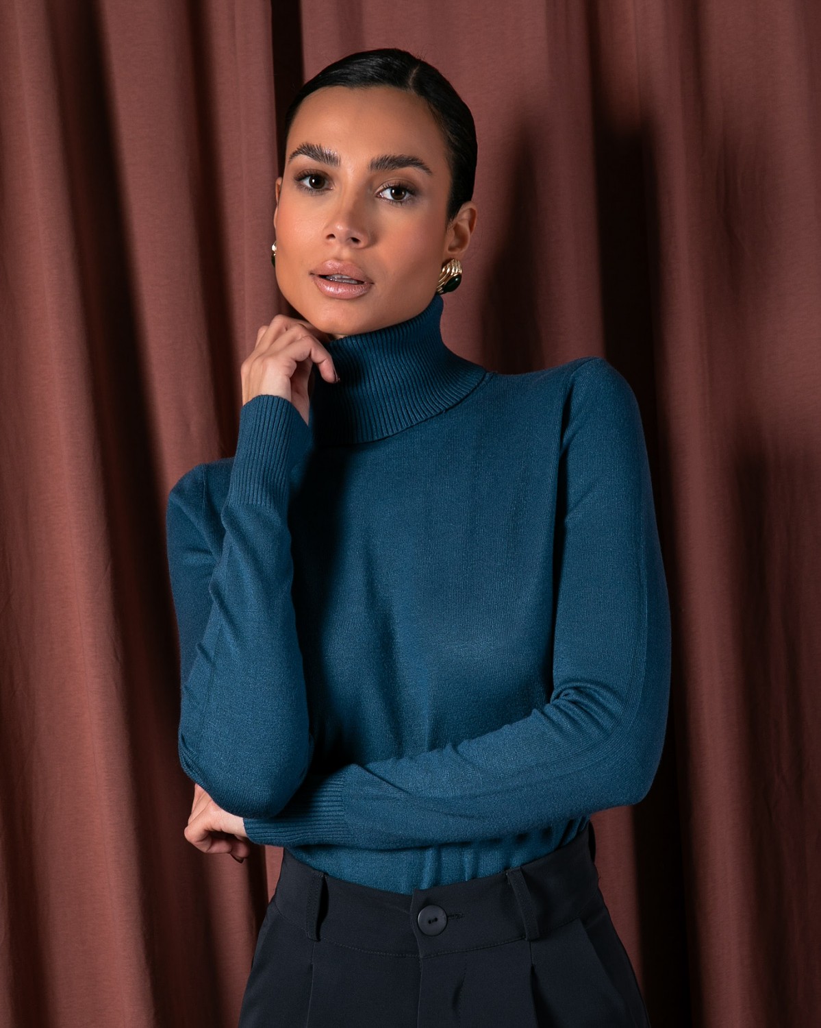 Μπλούζα ψιλό πλεκτό απαλή υφή μακρυμάνικη ζιβάγκο Πετρόλ 