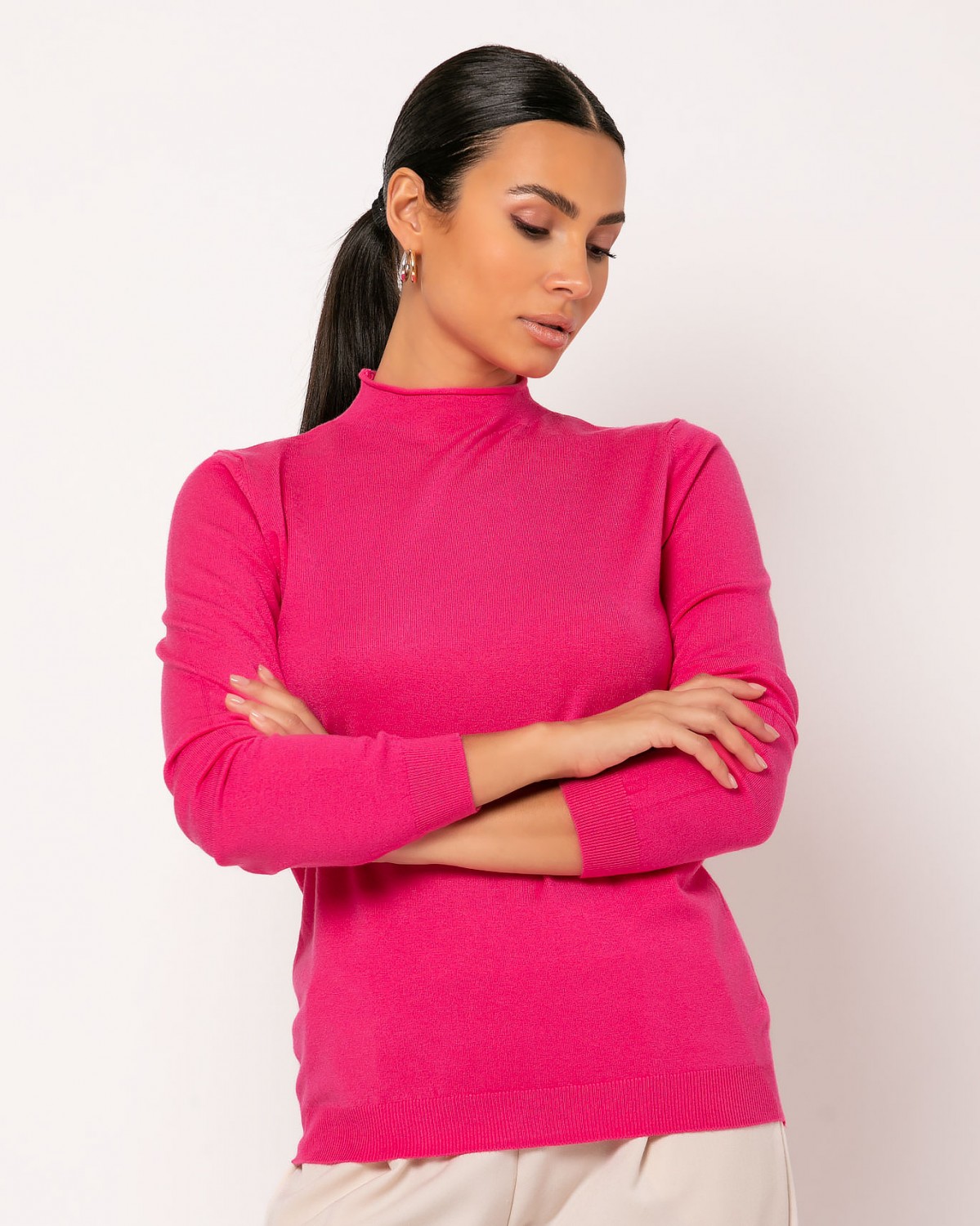 Μπλούζα ψιλό πλεκτό απαλή υφή μακρυμάνικη με κλειστή λαιμόκοψη Φούξια