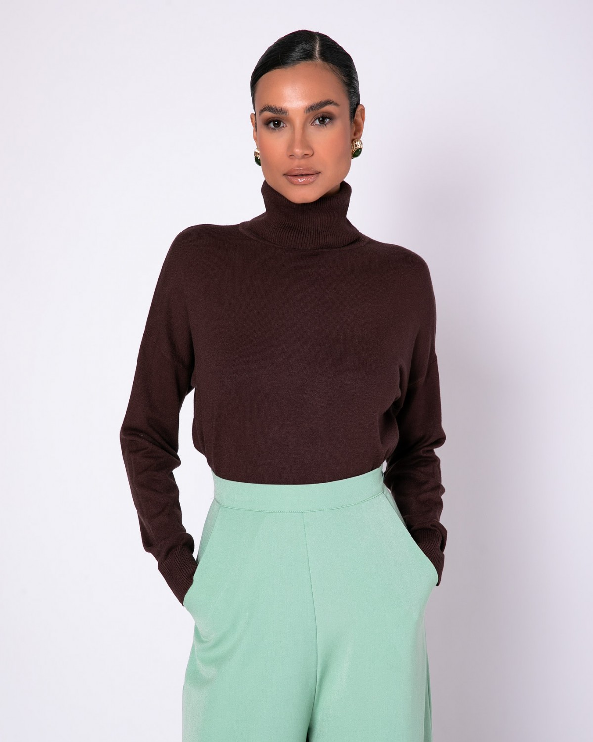 Μπλούζα ψιλό πλεκτό ζιβάγκο με άνοιγμα στο πλάι απαλή υφή Dark brown