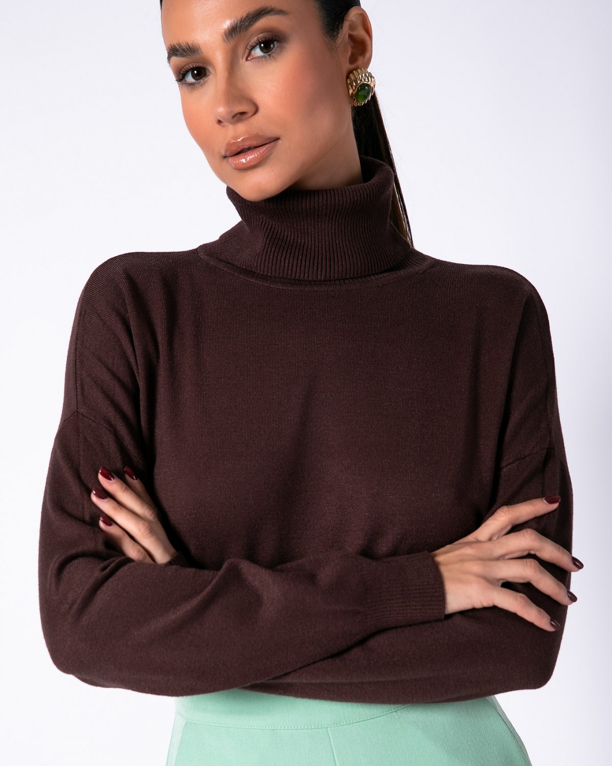 Μπλούζα ψιλό πλεκτό ζιβάγκο με άνοιγμα στο πλάι απαλή υφή Dark brown